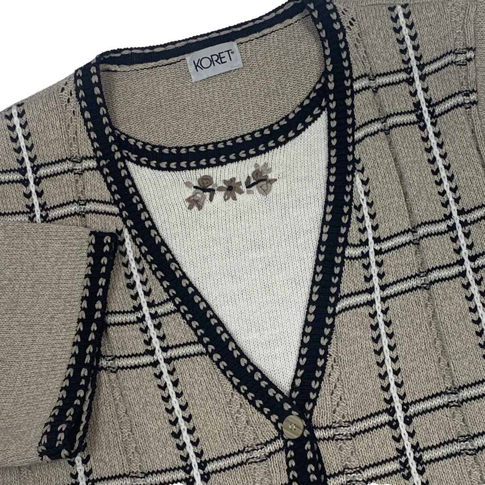 VTG Koret Faux Set Sweater Women Medium Beige Plaid Embroidered Short Sleeve